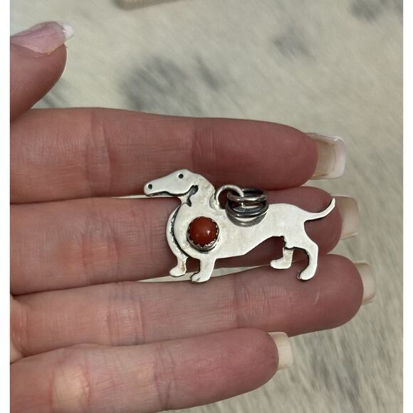 Southwest Jewelry - Sterling Silver Red Coral Hound Hot Dog Pendant FIGURAL Animal Paw 925